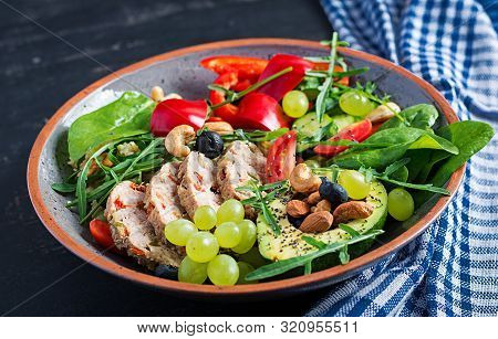 Ketogenic Diet. Buddha Bowl Dish With Meatloaf, Avocado, Sweet Pepper, Tomato, Cucumber, Berries And