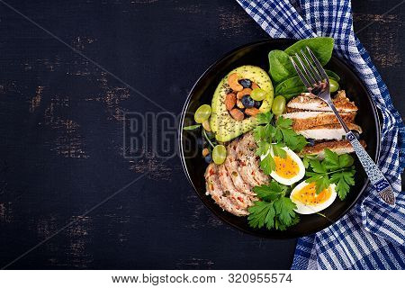Ketogenic Diet. Buddha Bowl Dish With Meatloaf, Chicken Meat, Avocado, Berries And Nuts. Detox And H