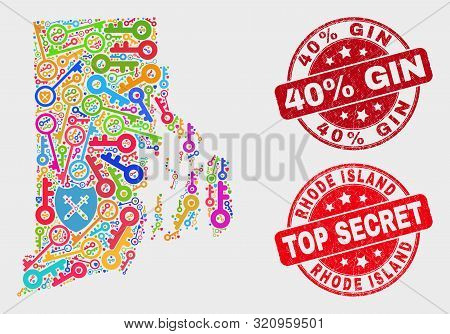 Guard Rhode Island State Map And Seal Stamps. Red Rounded Top Secret And 40 Percent Gin Distress Sea