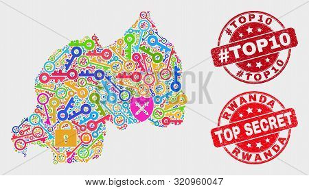 Passkey Rwanda Map And Seal Stamps. Red Round Top Secret And Hashtag Top10 Grunge Seal Stamps. Color