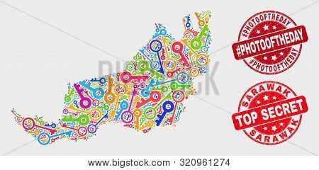 Security Sarawak State Map And Stamps. Red Round Top Secret And Hashtag Photooftheday Textured Water