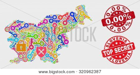 Protection Slovenia Map And Stamps. Red Rounded Top Secret And 0.00 Percent Textured Seal Stamps. Co