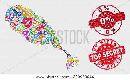 Guard St Kitts Island Map And Stamps. Red Round Top Secret And 0 Percent Grunge Stamps. Colorful St 