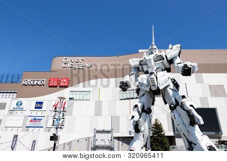 Tokyo, Japan - April 28, 2019, Rx-0 Unicorn Gundam Statue In Normal Mode Located At Diver City Tokyo