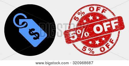 Rounded Price Tag Icon And 5 Percent Off Seal Stamp. Red Round Grunge Seal Stamp With 5 Percent Off 