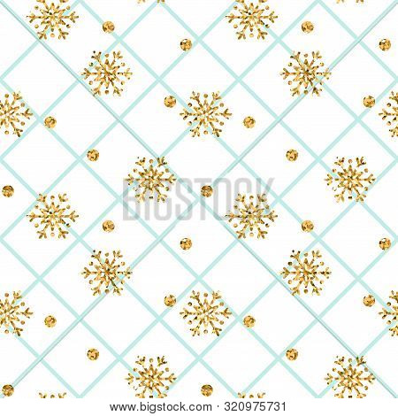 Christmas Gold Snowflake Seamless Pattern. Golden Snowflakes On Blue And White Rhombus Background. W