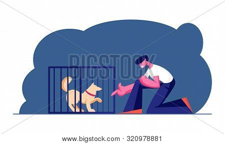 Guy Stretch Hand To Dog In Cage. Wildlife Protection And Rescue Man Adopting Pet From Shelter. Pound