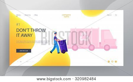 Municipal Recycling Service Website Landing Page. Dustman Loading Litter Bin To Garbage Truck For Tr