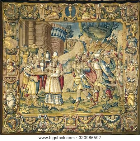 Como, Italy - April 16, 2019: Detail Of The Tapestry From Como Cathedral In Italy. Como Cathedral Is