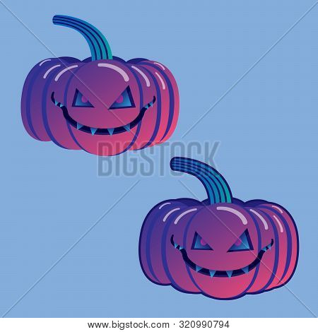 Vector Illustration Of Scary Halloween Pumpkin. Spooky Cartoon Pumpkin With Isolated On Light Blue B