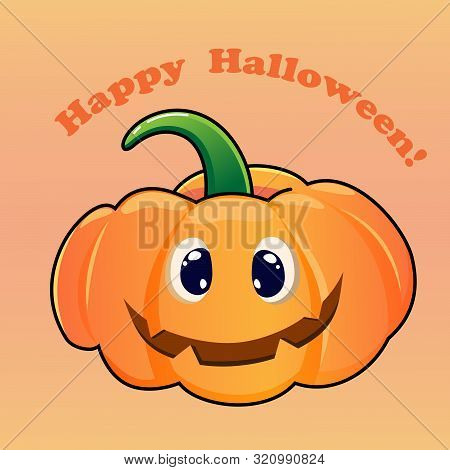 Vector Illustration Of Cartoon  Halloween Pumpkin. Happy Smiling Pumpkin On Light Yellow And Orange 