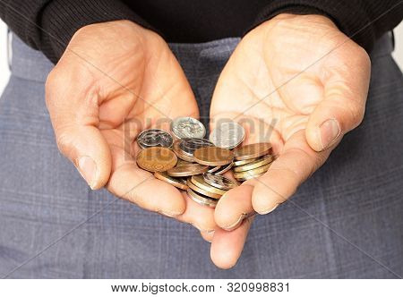 Hand With Money Coins With White Background People Stock Image And Stock Photo