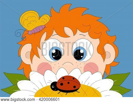 Red-haired Boy Looking At A Ladybug That Sitting On A Chamomile.