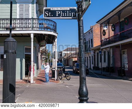 New Orleans, La - January 13, 2021: Historic Matassa's Market And St. Philip Street Sign In The Fren