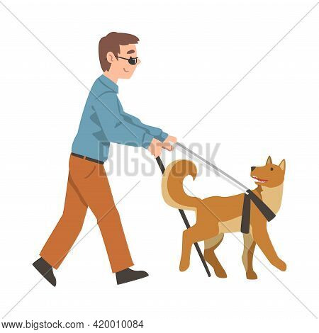 Blind Boy With Cane Guided By Seeing Eye Dog On Leash, Trained Animal Helping Disabled Person, Rehab