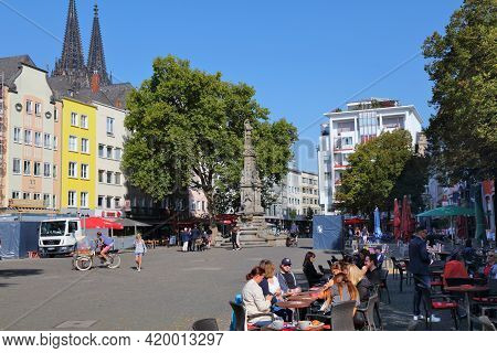 Cologne, Germany - September 22, 2020: People Visit Alter Markt Town Square In Cologne City, Germany