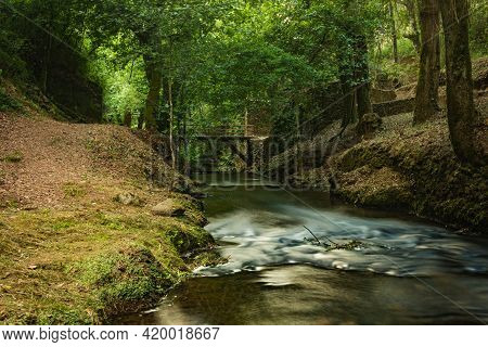 Water Stream Of Lourido River In The Park Of The Estalisnau Fountain In Maceda - Ovar, Portugal.