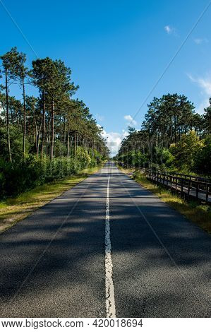Asphalt Road And Wooden Walkway Between Ovar And Esmoriz, Portugal. Atlantico Eco Trail.