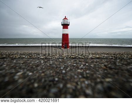 Panorama View Of Red White Striped Lighthouse Tower North Head Vuurtoren Noorderhoofd In Westkapelle