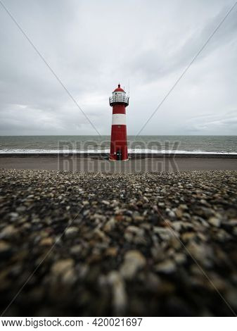 Panorama View Of Red White Striped Lighthouse Tower North Head Vuurtoren Noorderhoofd In Westkapelle