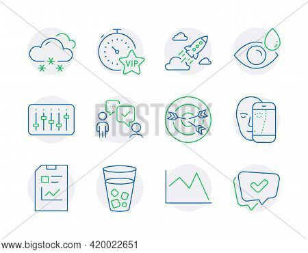 Business Icons Set. Included Icon As Targeting, Eye Drops, Line Chart Signs. Vip Timer, Report Docum