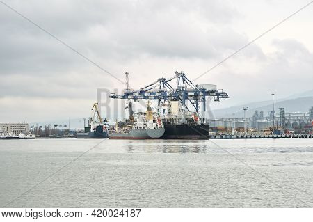 The Mooring Front Of The Seaport With Moored Bulk Carriers. Ships Are Being Loaded And Unloaded. Cop