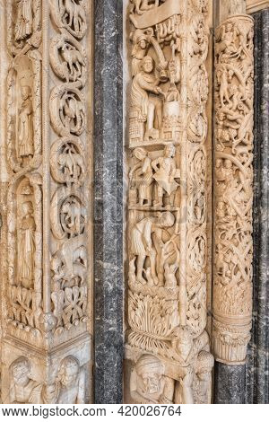 Detail of the Radovan's portal of the St Lawrence cathedral church in Trogir, Croatia. Stone carving close up