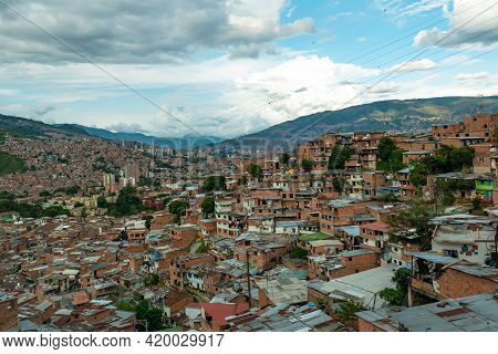 Medellin, Antioquia, Colombia - December 23 2020: Comuna 13 View, Touristic Artistic Urban Attractio