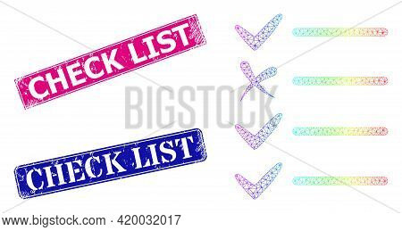 Spectral Colorful Net Check List, And Check List Rubber Framed Rectangle Stamp Seals. Pink And Blue 