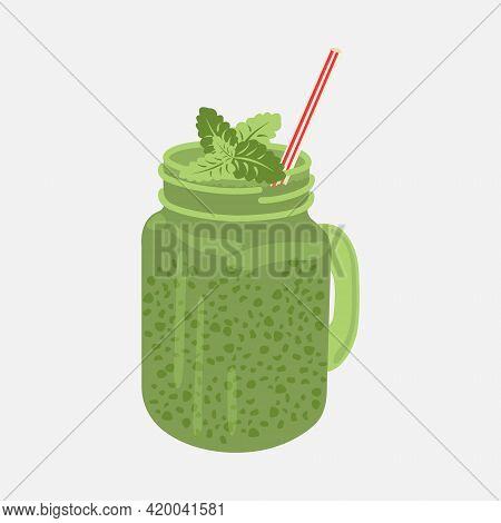 Jar Of Green Smoothies With Straws And Mint Leaves Close-up On A White Background. Detox Cocktail Fo