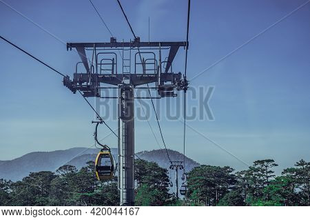 Circulating Cable Car Between Dalat Bus Station And Robin Hill Truc Lam Vietnam. Close-up View Of In