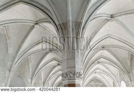 HUNEDOARA, ROMANIA - MAY 7, 2021: Architectural details of Corvin Castle, also known as Hunyadi Castle or Hunedoara Castle, Hunedoara County, Transylvania, Romania