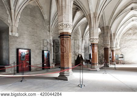 HUNEDOARA, ROMANIA - MAY 7, 2021: Architectural details of Corvin Castle, also known as Hunyadi Castle or Hunedoara Castle, Hunedoara County, Transylvania, Romania