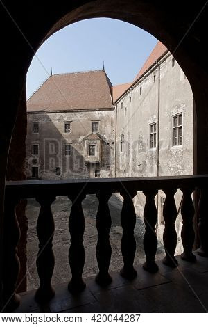 HUNEDOARA, ROMANIA - MAY 7, 2021: Architectural details of Corvin Castle, also known as Hunyadi Castle or Hunedoara Castle, Hunedoara County, Transylvania, Romania