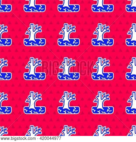 Blue Withered Tree Icon Isolated Seamless Pattern On Red Background. Bare Tree. Dead Tree Silhouette