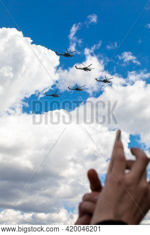 May 7, 2021, Moscow, Russia. An Aerobatic Group Of Mi-28 Helicopters Ipreparing L For The Parade..