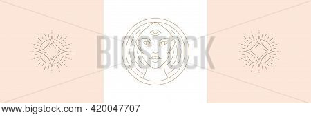Magic Woman And Shiny Stra In Boho Linear Style Vector Illustrations Set.