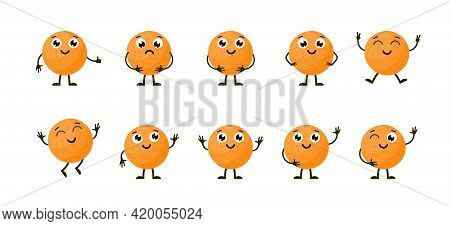 Cartoon Funny Fruits. Happy Orange With Face. Summer Fruit Orange Characters Isolated On White. Vect