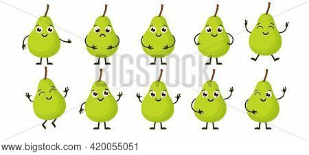 Cartoon Funny Fruits. Happy Pear With Face. Summer Fruit Pear Characters Isolated On White. Vector I