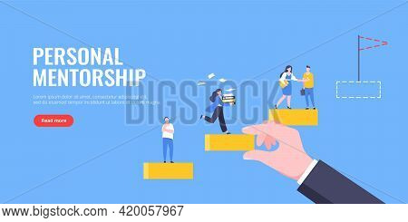 Business Mentor Helps To Improve Career And Holding Stairs Steps Vector Illustration. Mentorship, Up