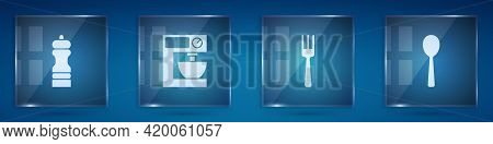 Set Pepper, Electric Mixer, Fork And Spoon. Square Glass Panels. Vector