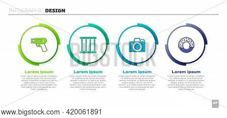 Set Police Electric Shocker, Prison Window, Photo Camera And Donut. Business Infographic Template. V