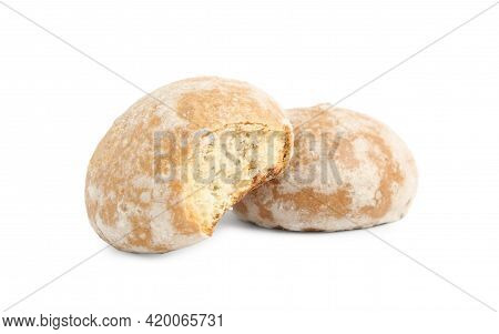 Tasty Bitten And Whole Gingerbread Cookies On White Background