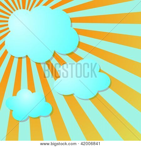 Summer Blus Sky With Sun Radial Rays And Clouds