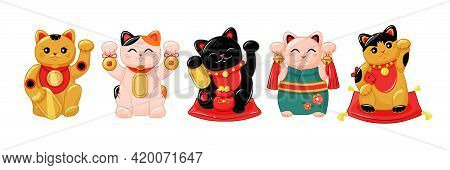 Japanese Collection Of Maneki Neko Cats In The Kartun Style. Traditional White Doll Of A Happy Cat W