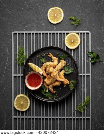 Fried Shrimp With Vegetables. Sea Food Concept. Plate With Appetizer Of Cooked Prawns, Lemon And Gre