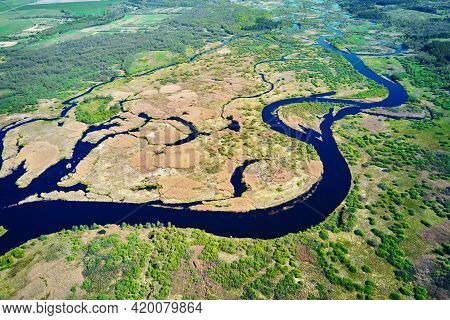 Aerial View Of River Floodplan And Green Forest In Summer Day. Bird Eye View Of Beautiful Nature Lan