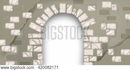 Stone Vector Medieval Arch, Vintage Brick Wall, Cracked Portal Castle Texture, Ancient Architecture 