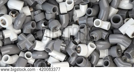 Various fittings of pvc plastic pipes and tubes in heap. Plumbing ackground. 3d illustration