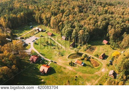 Belarus, Berezinsky Biosphere Reserve. Birds-eye View Of Guest House Nivki In Autumn Sunny Day. Pano
